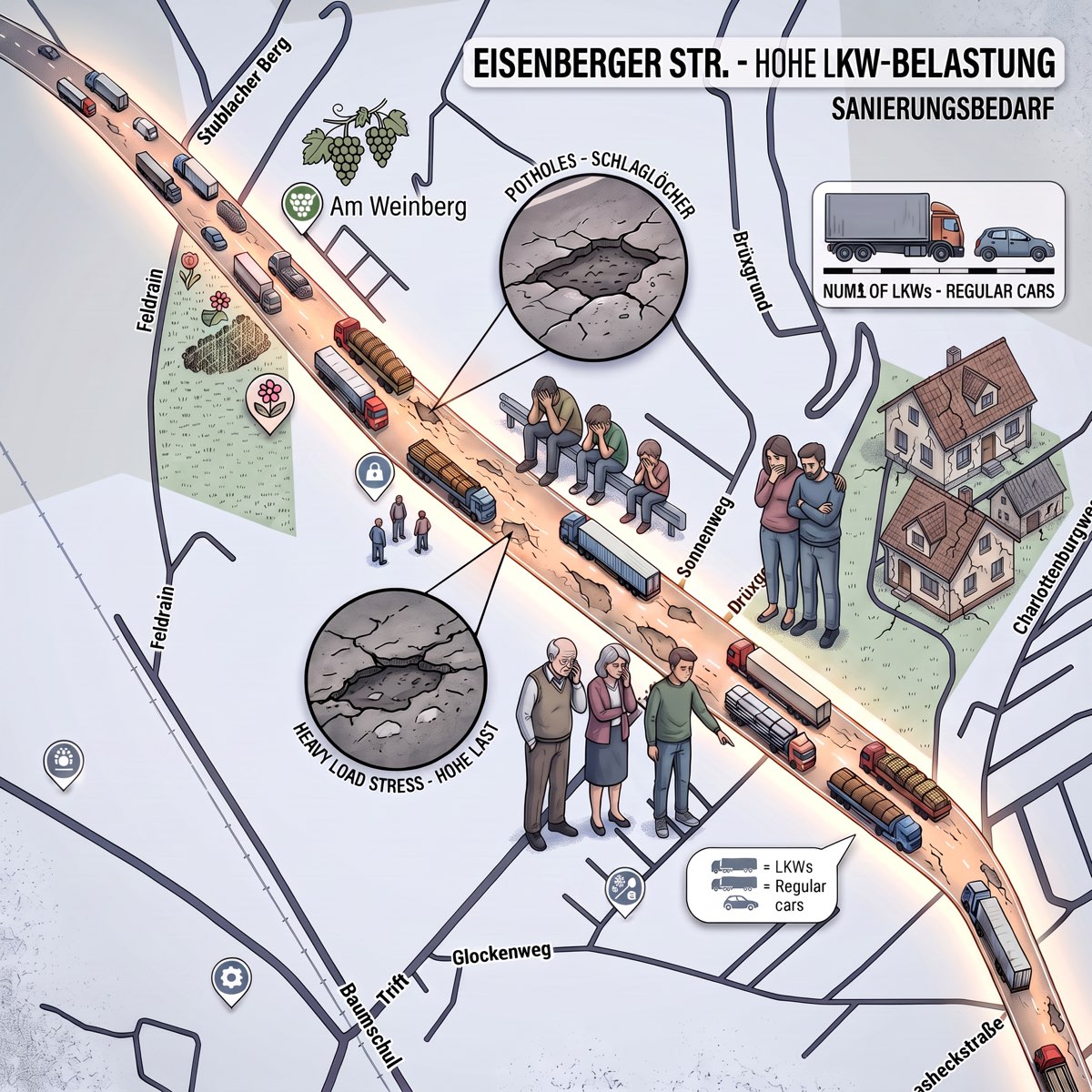 Gezeichnete Übersichtskarte der Eisenberger Straße mit den Seitenstraßen Sonnenweg, Brüxgrund, Trift und Glockenweg: eine dichte Kette schwerer Lkw rollt durch den Ort, Schlaglöcher und Risse im Asphalt sind vergrößert dargestellt, Anwohner halten sich die Ohren zu und Häuser am Straßenrand zeigen Risse in den Wänden.
